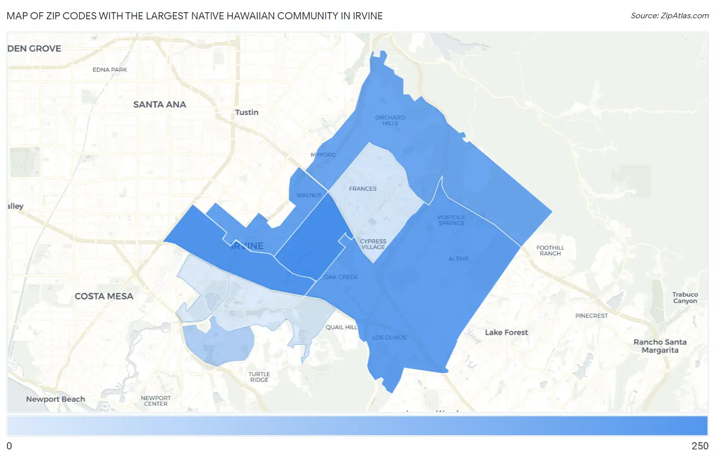 Zip Codes with the Largest Native Hawaiian Community in Irvine Map
