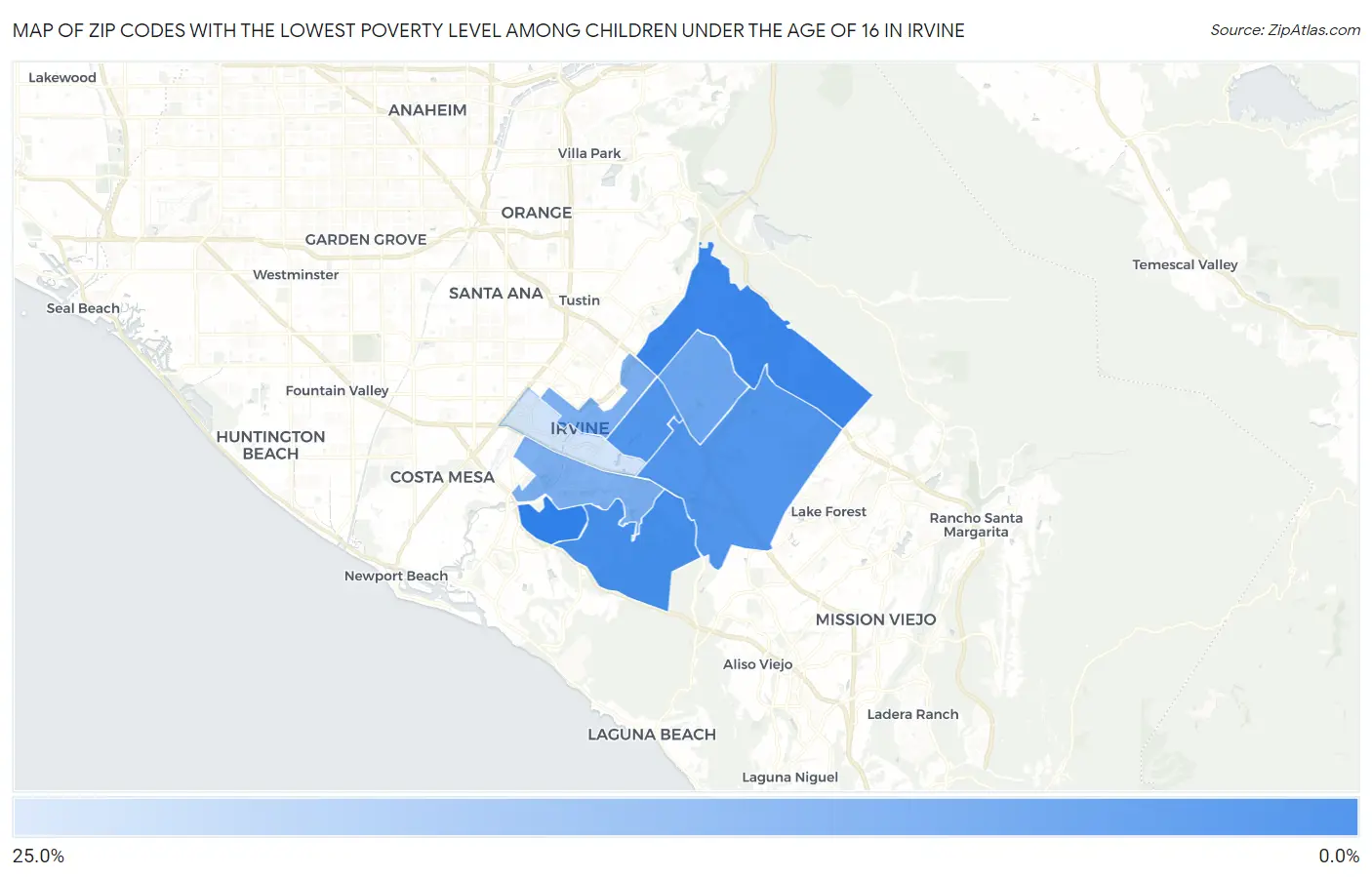 Zip Codes with the Lowest Poverty Level Among Children Under the Age of 16 in Irvine Map