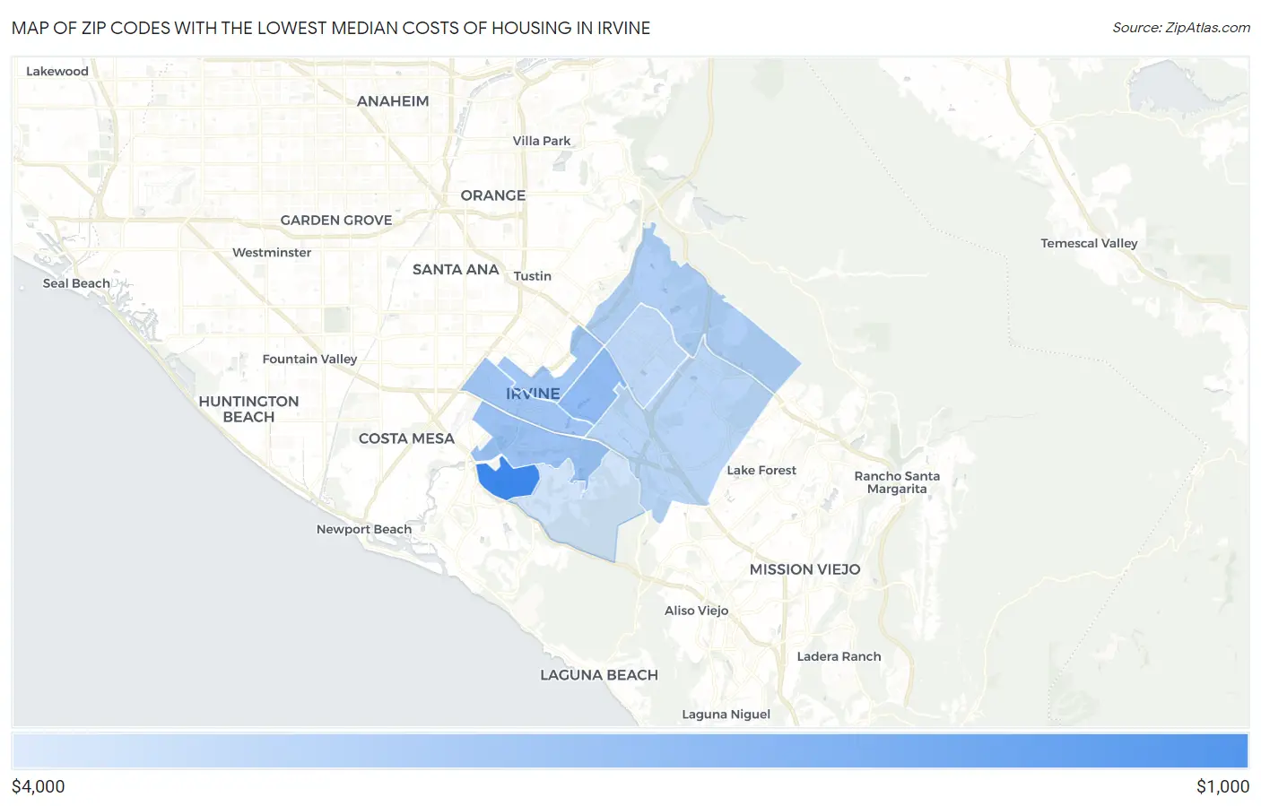 Zip Codes with the Lowest Median Costs of Housing in Irvine Map