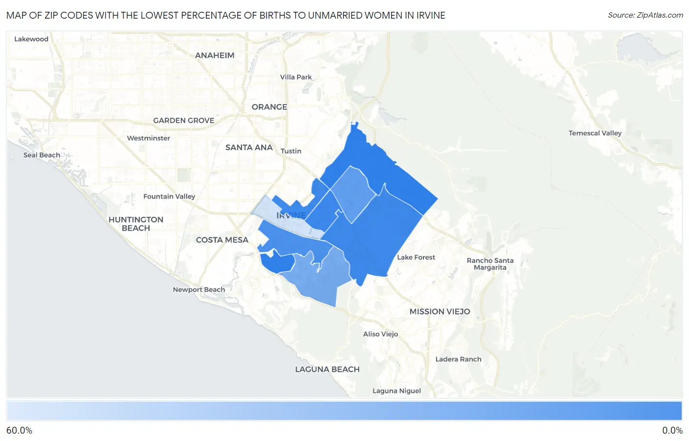 Zip Codes with the Lowest Percentage of Births to Unmarried Women in Irvine Map