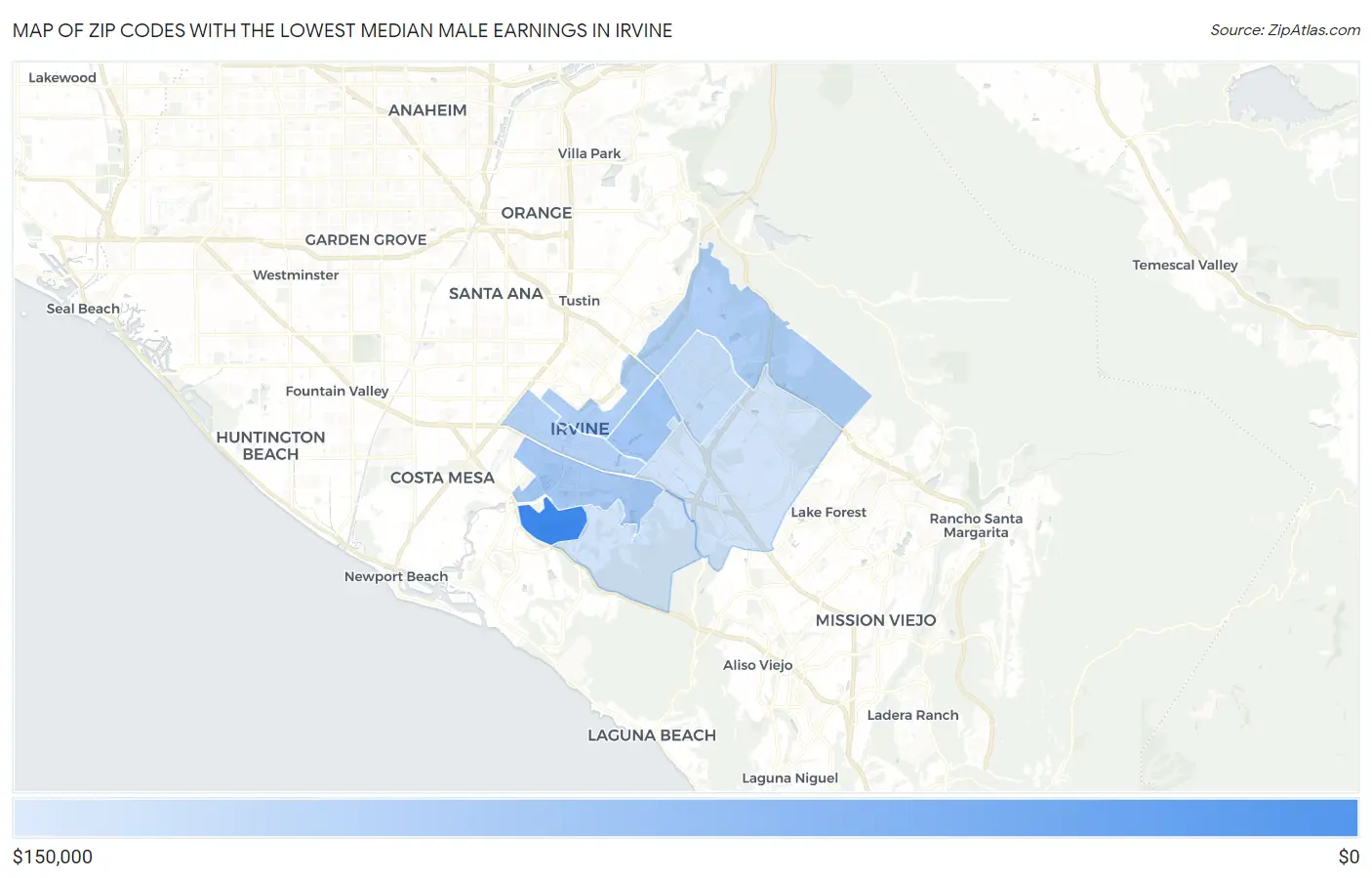 Zip Codes with the Lowest Median Male Earnings in Irvine Map