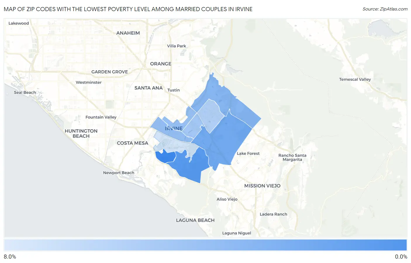 Zip Codes with the Lowest Poverty Level Among Married Couples in Irvine Map