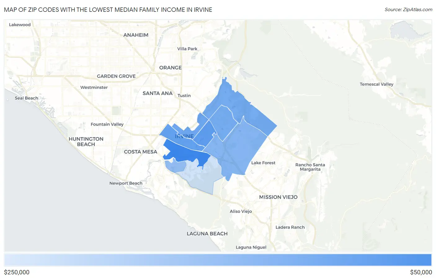 Zip Codes with the Lowest Median Family Income in Irvine Map