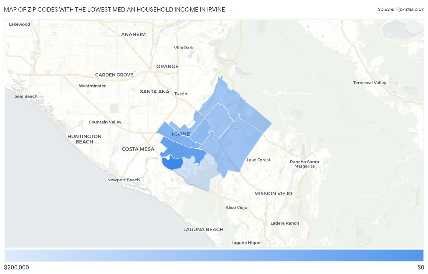Zip Codes with the Lowest Median Household Income in Irvine Map