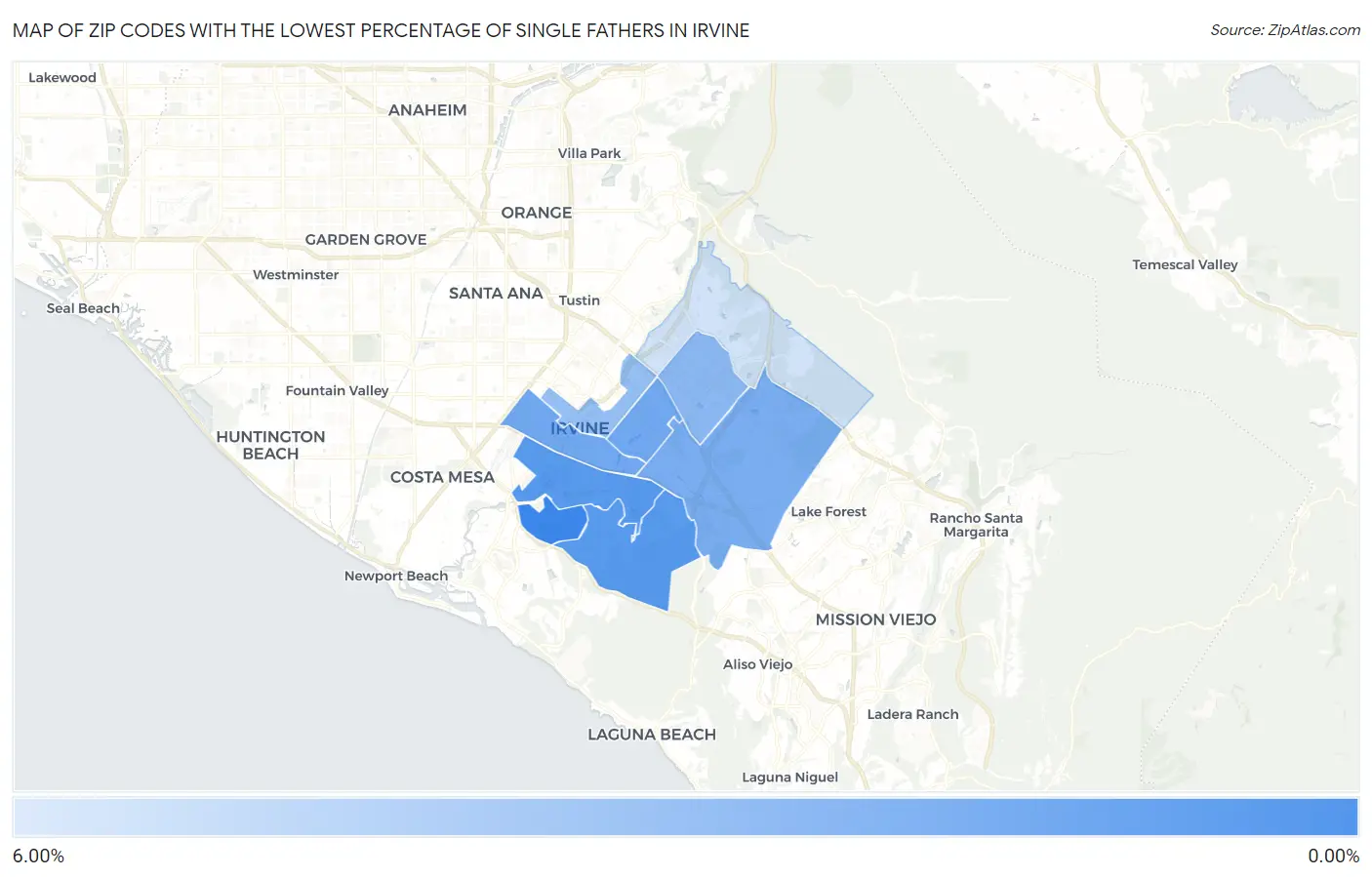 Zip Codes with the Lowest Percentage of Single Fathers in Irvine Map