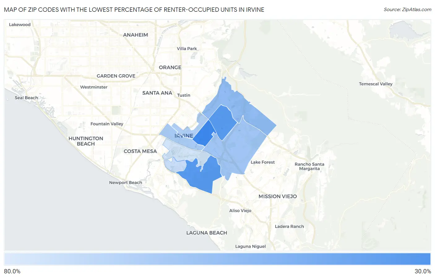 Zip Codes with the Lowest Percentage of Renter-Occupied Units in Irvine Map