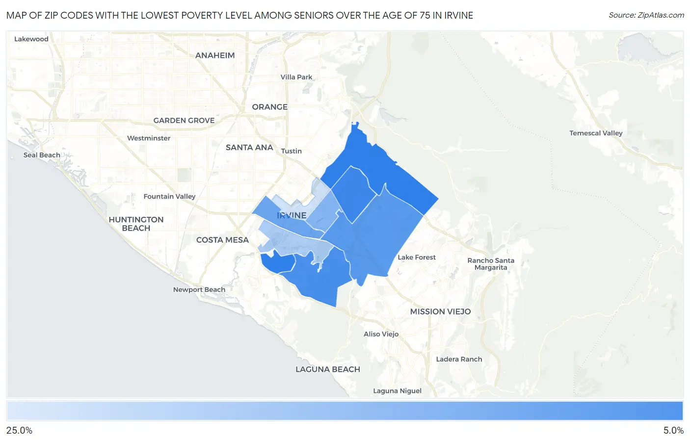 Zip Codes with the Lowest Poverty Level Among Seniors Over the Age of 75 in Irvine Map