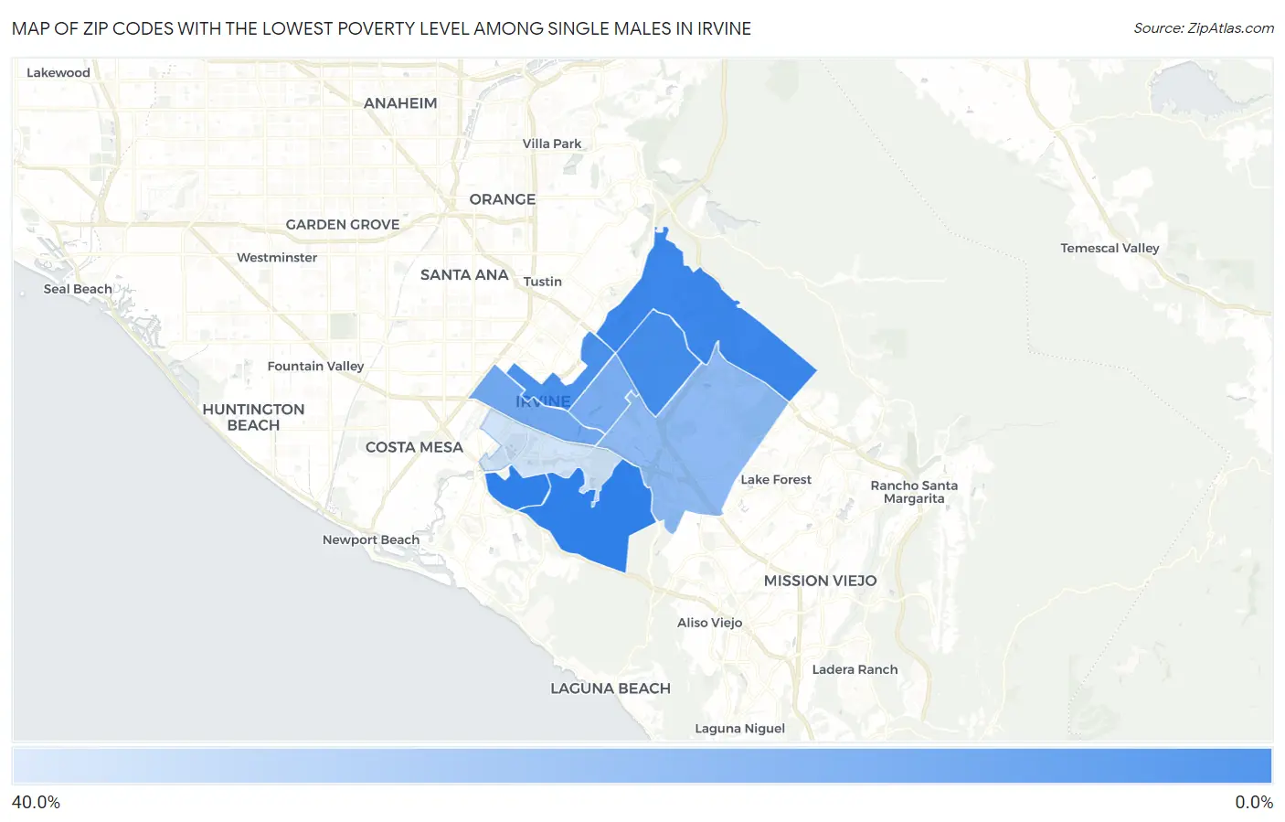 Zip Codes with the Lowest Poverty Level Among Single Males in Irvine Map
