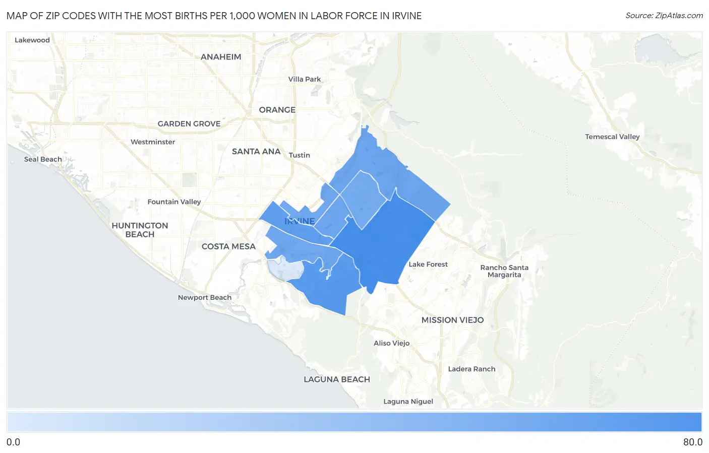 Zip Codes with the Most Births per 1,000 Women in Labor Force in Irvine Map