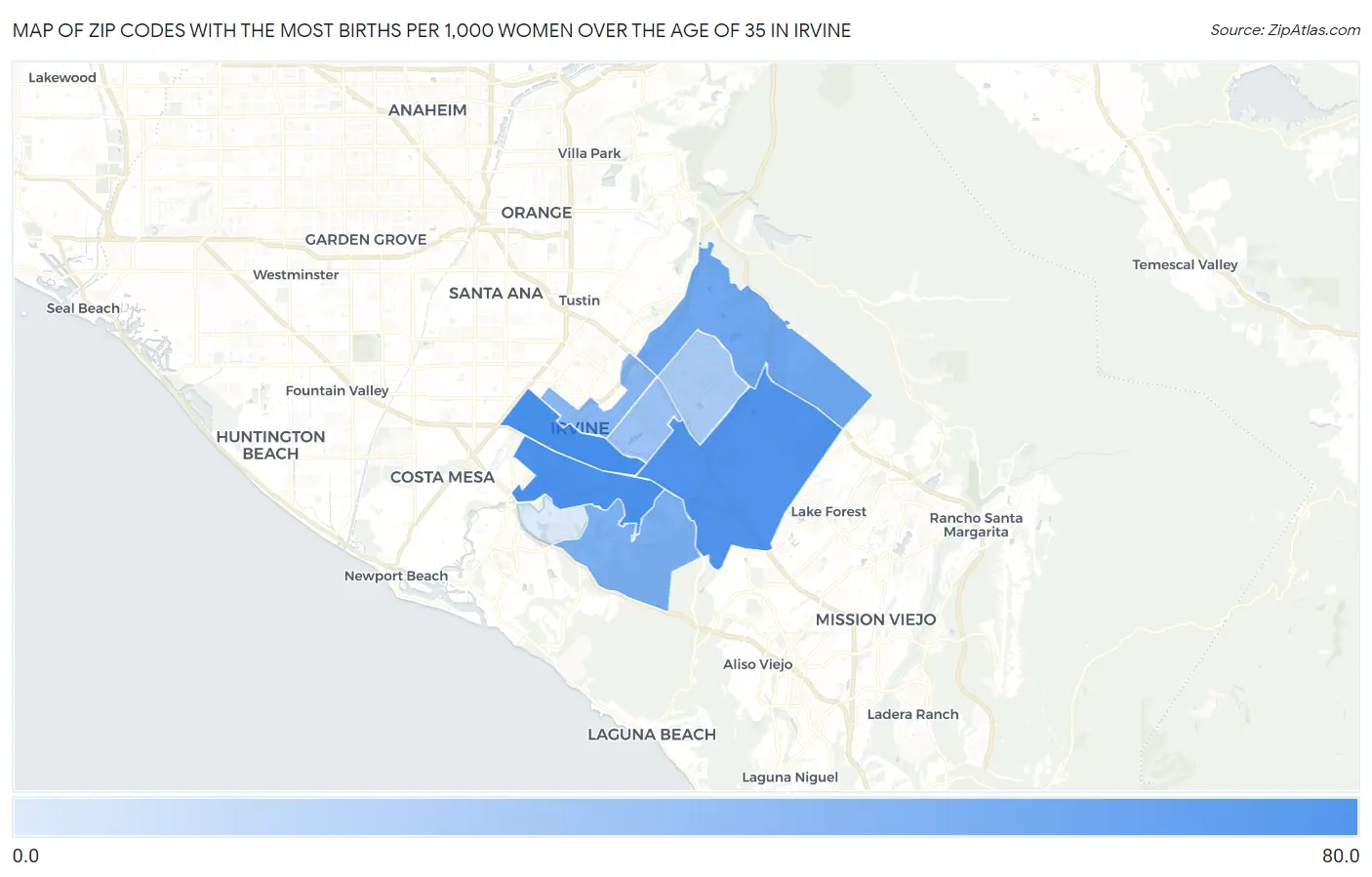 Zip Codes with the Most Births per 1,000 Women Over the Age of 35 in Irvine Map