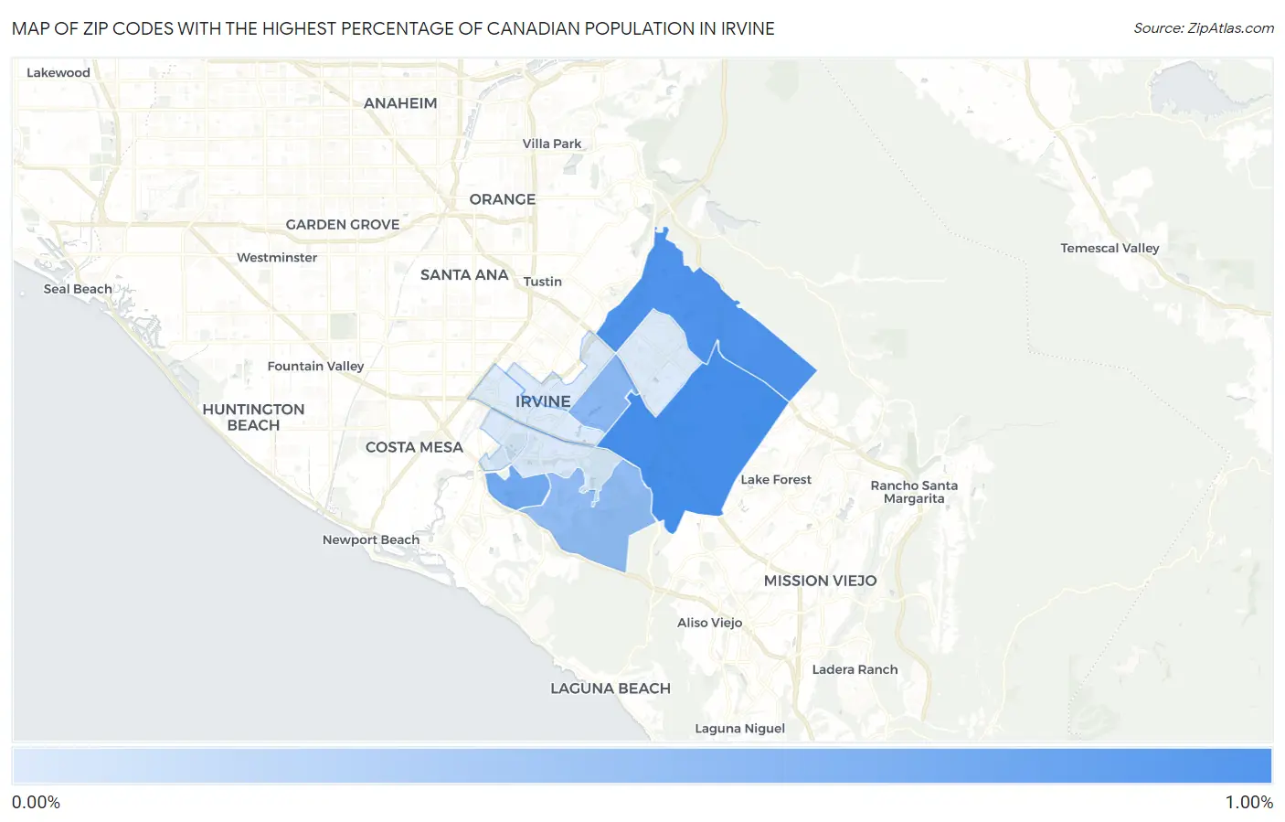 Zip Codes with the Highest Percentage of Canadian Population in Irvine Map