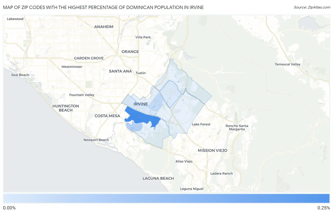 Zip Codes with the Highest Percentage of Dominican Population in Irvine Map
