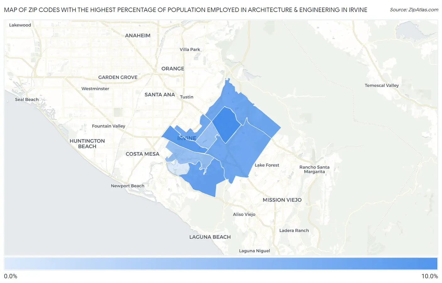 Zip Codes with the Highest Percentage of Population Employed in Architecture & Engineering in Irvine Map
