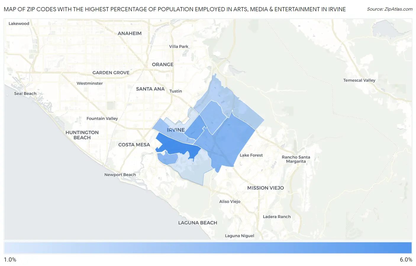 Zip Codes with the Highest Percentage of Population Employed in Arts, Media & Entertainment in Irvine Map