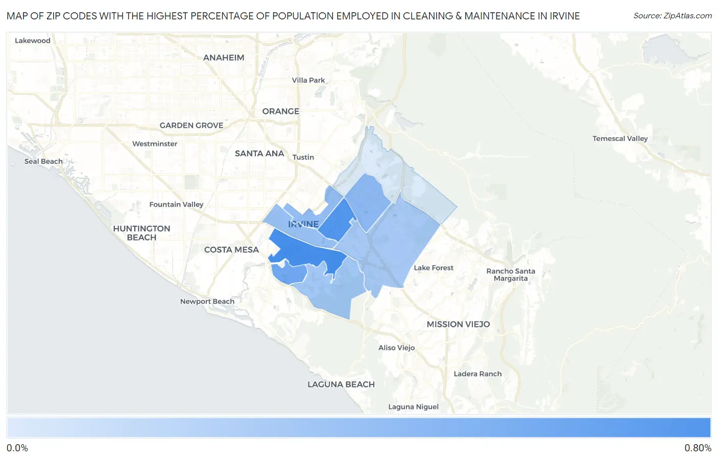 Zip Codes with the Highest Percentage of Population Employed in Cleaning & Maintenance in Irvine Map