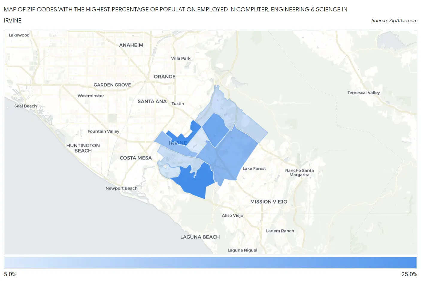 Zip Codes with the Highest Percentage of Population Employed in Computer, Engineering & Science in Irvine Map