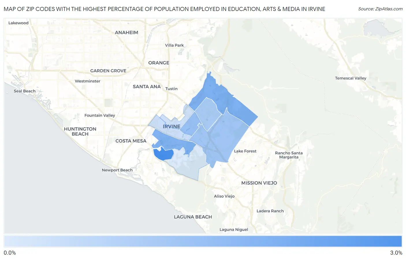 Zip Codes with the Highest Percentage of Population Employed in Education, Arts & Media in Irvine Map