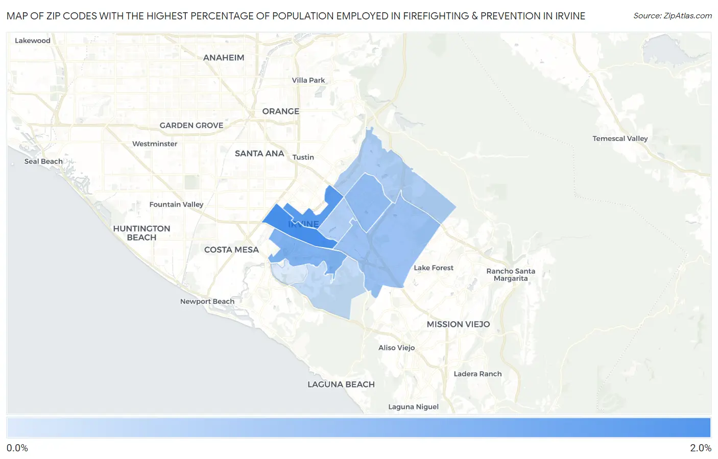 Zip Codes with the Highest Percentage of Population Employed in Firefighting & Prevention in Irvine Map
