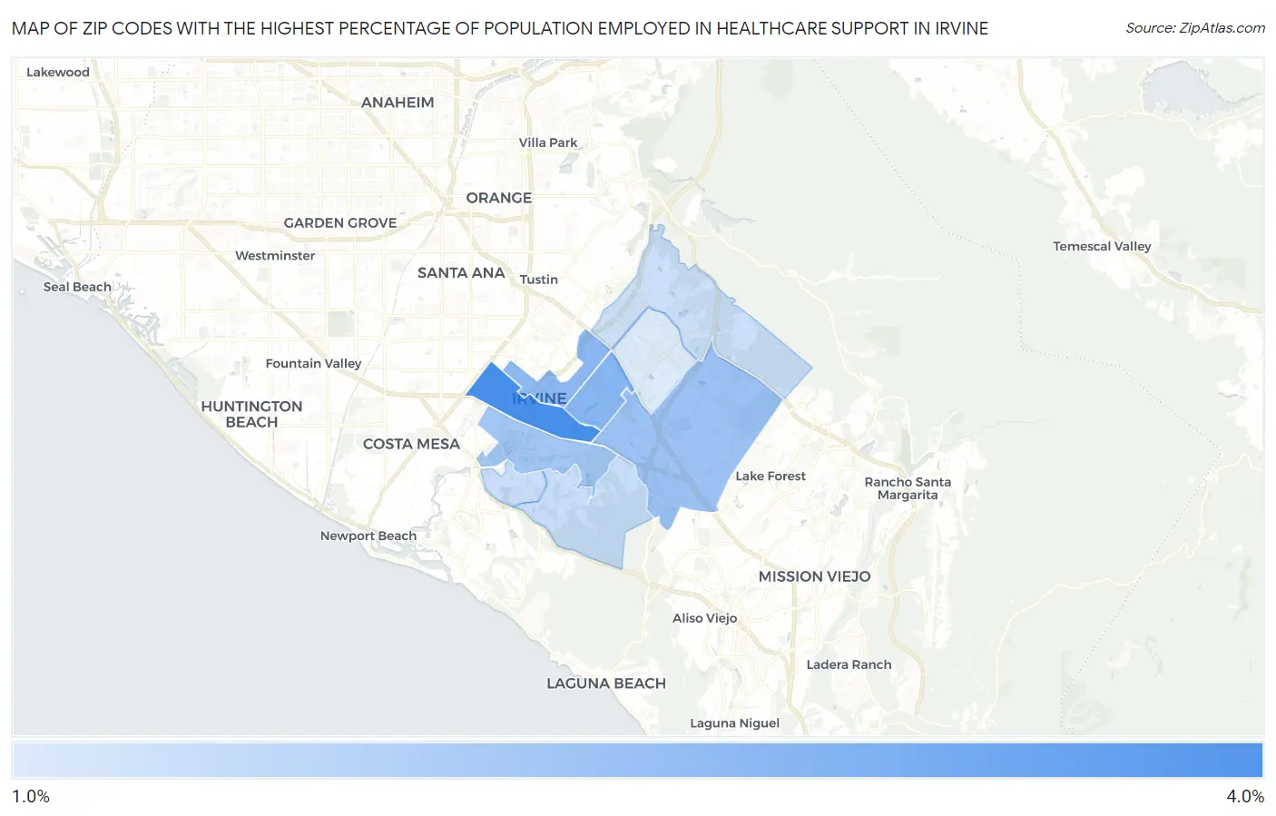 Zip Codes with the Highest Percentage of Population Employed in Healthcare Support in Irvine Map