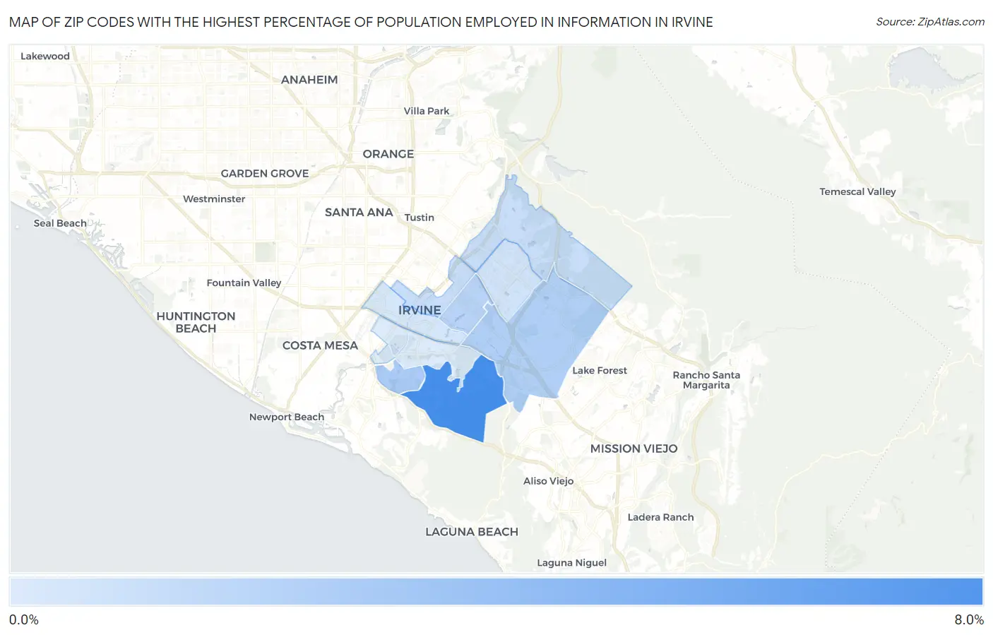 Zip Codes with the Highest Percentage of Population Employed in Information in Irvine Map