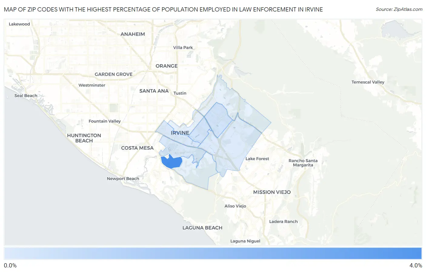 Zip Codes with the Highest Percentage of Population Employed in Law Enforcement in Irvine Map