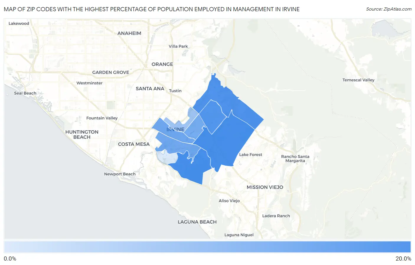 Zip Codes with the Highest Percentage of Population Employed in Management in Irvine Map