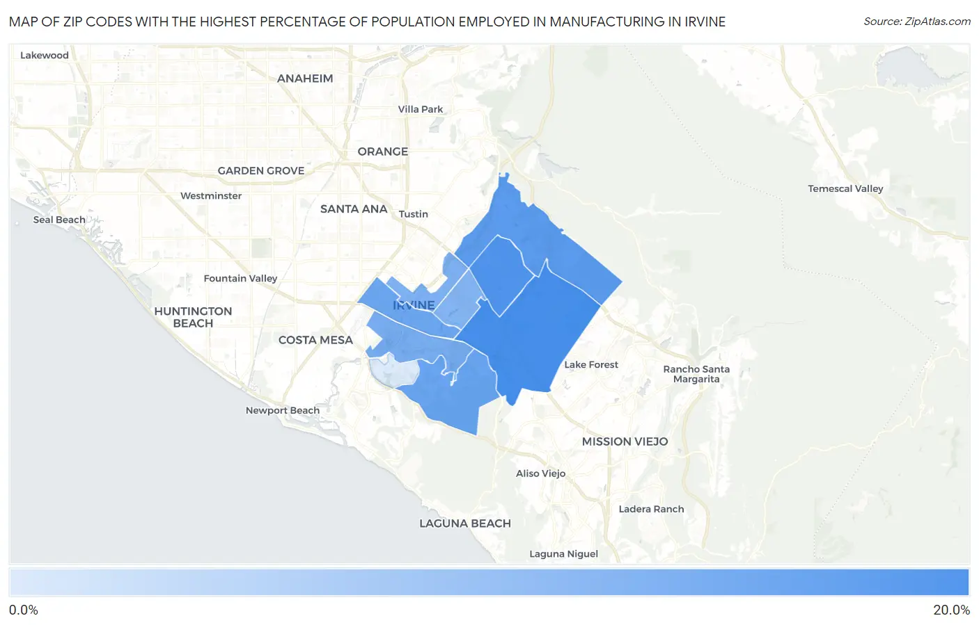 Zip Codes with the Highest Percentage of Population Employed in Manufacturing in Irvine Map