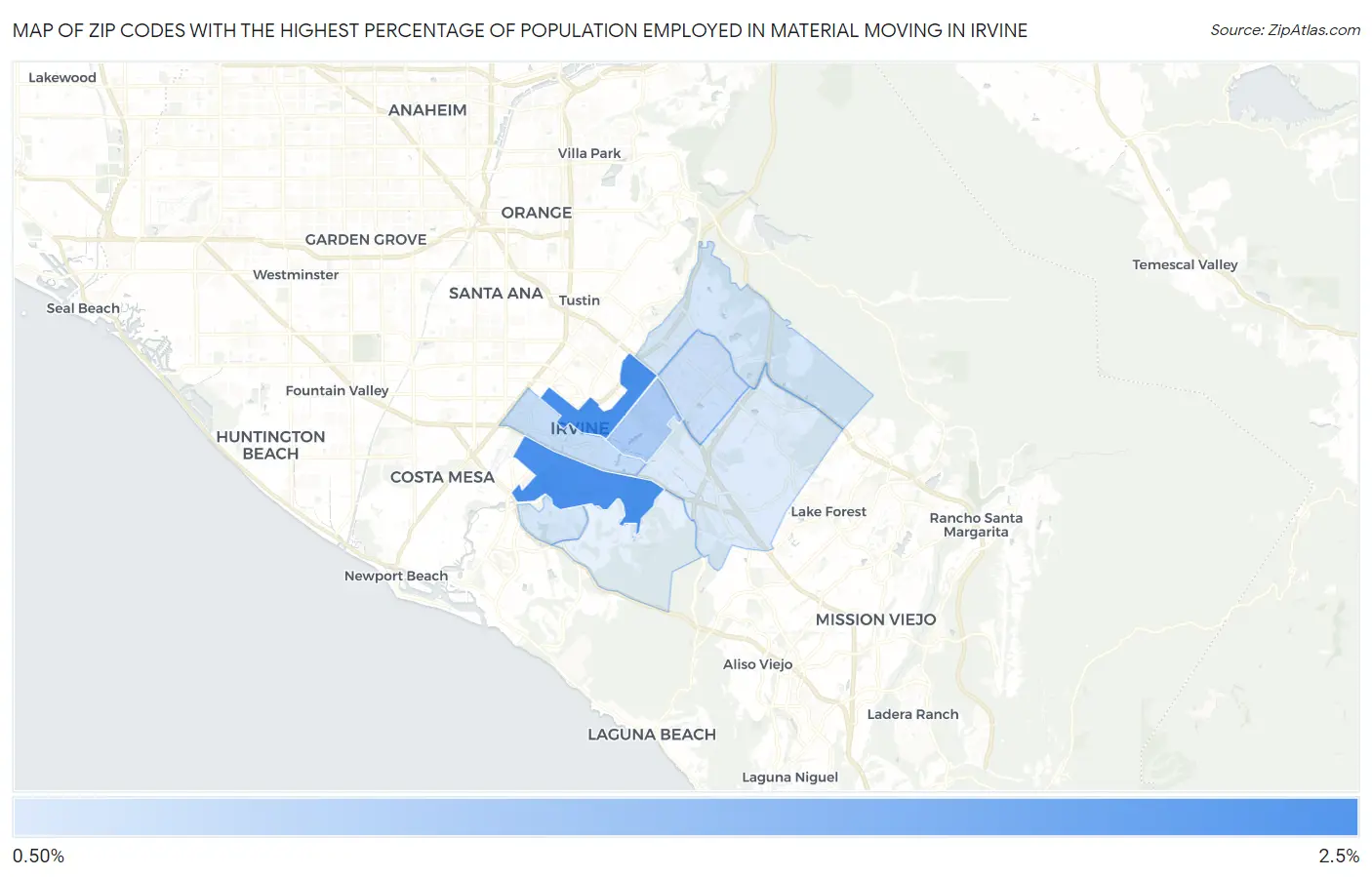Zip Codes with the Highest Percentage of Population Employed in Material Moving in Irvine Map