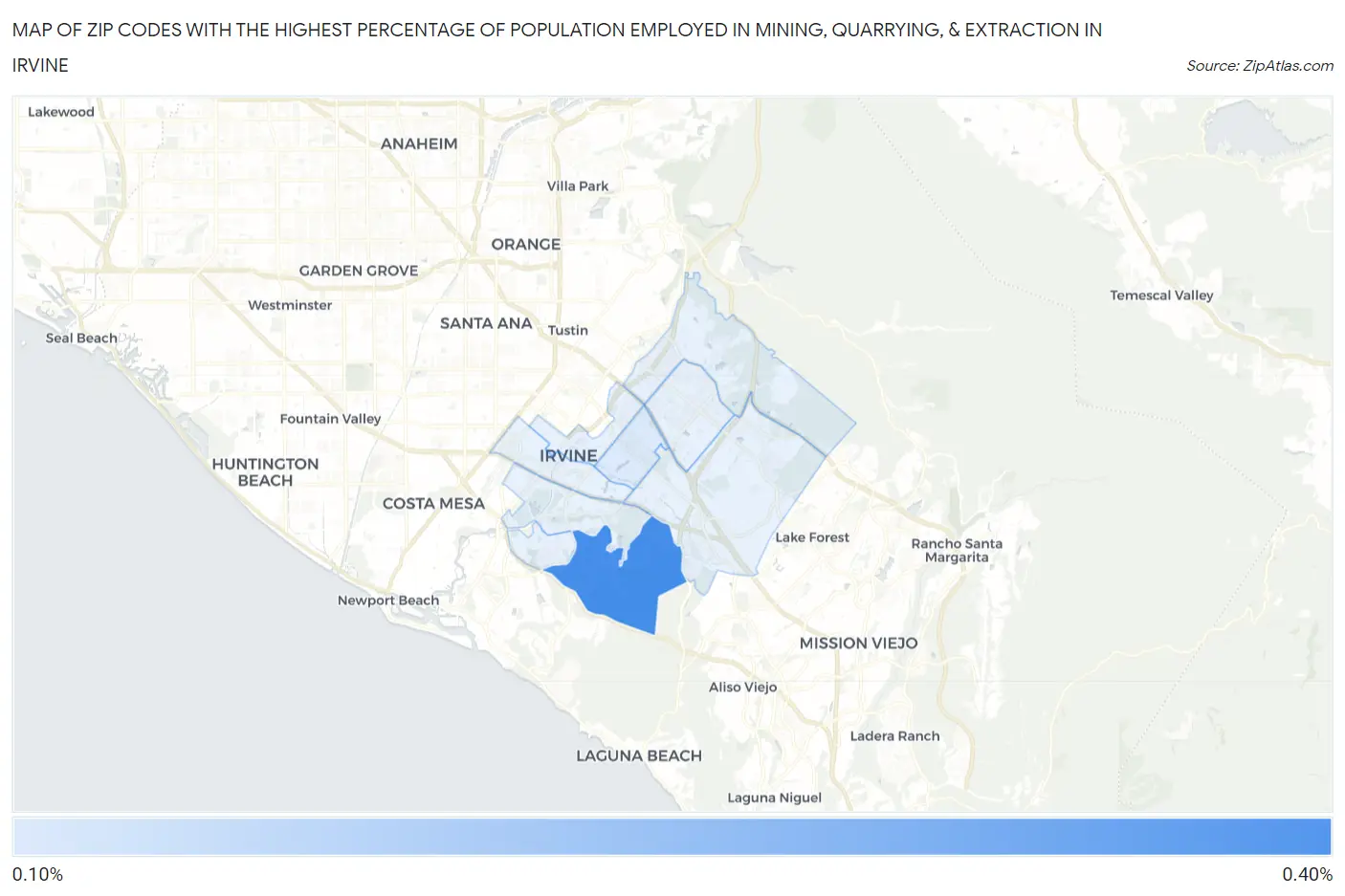 Zip Codes with the Highest Percentage of Population Employed in Mining, Quarrying, & Extraction in Irvine Map