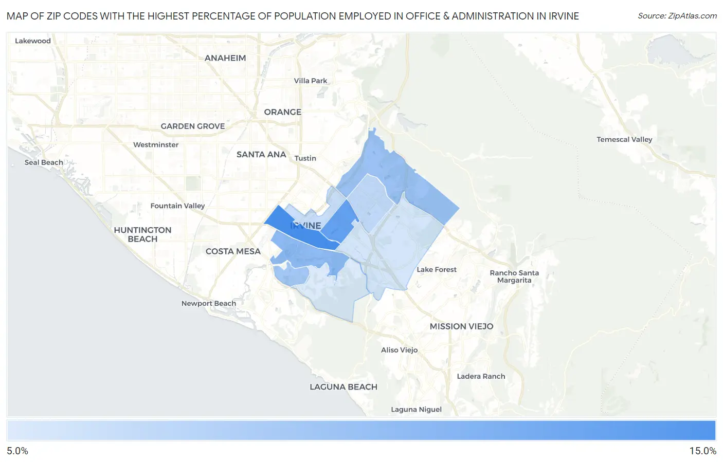 Zip Codes with the Highest Percentage of Population Employed in Office & Administration in Irvine Map