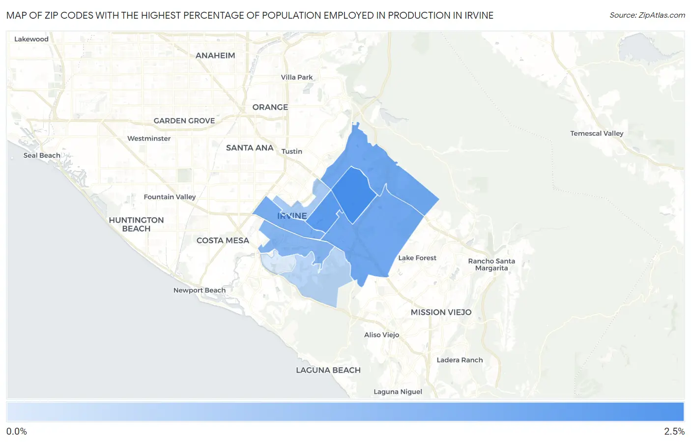 Zip Codes with the Highest Percentage of Population Employed in Production in Irvine Map