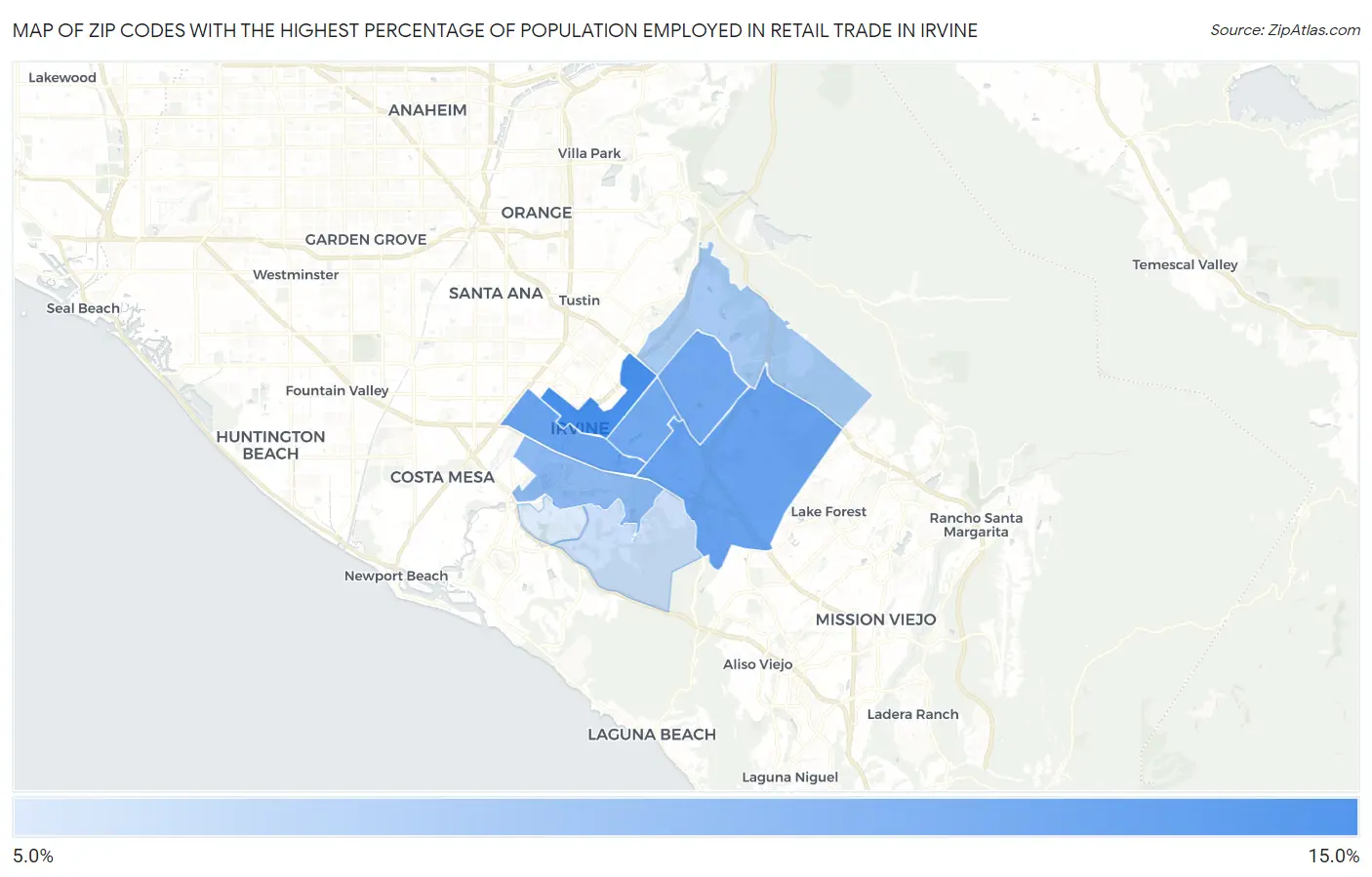 Zip Codes with the Highest Percentage of Population Employed in Retail Trade in Irvine Map