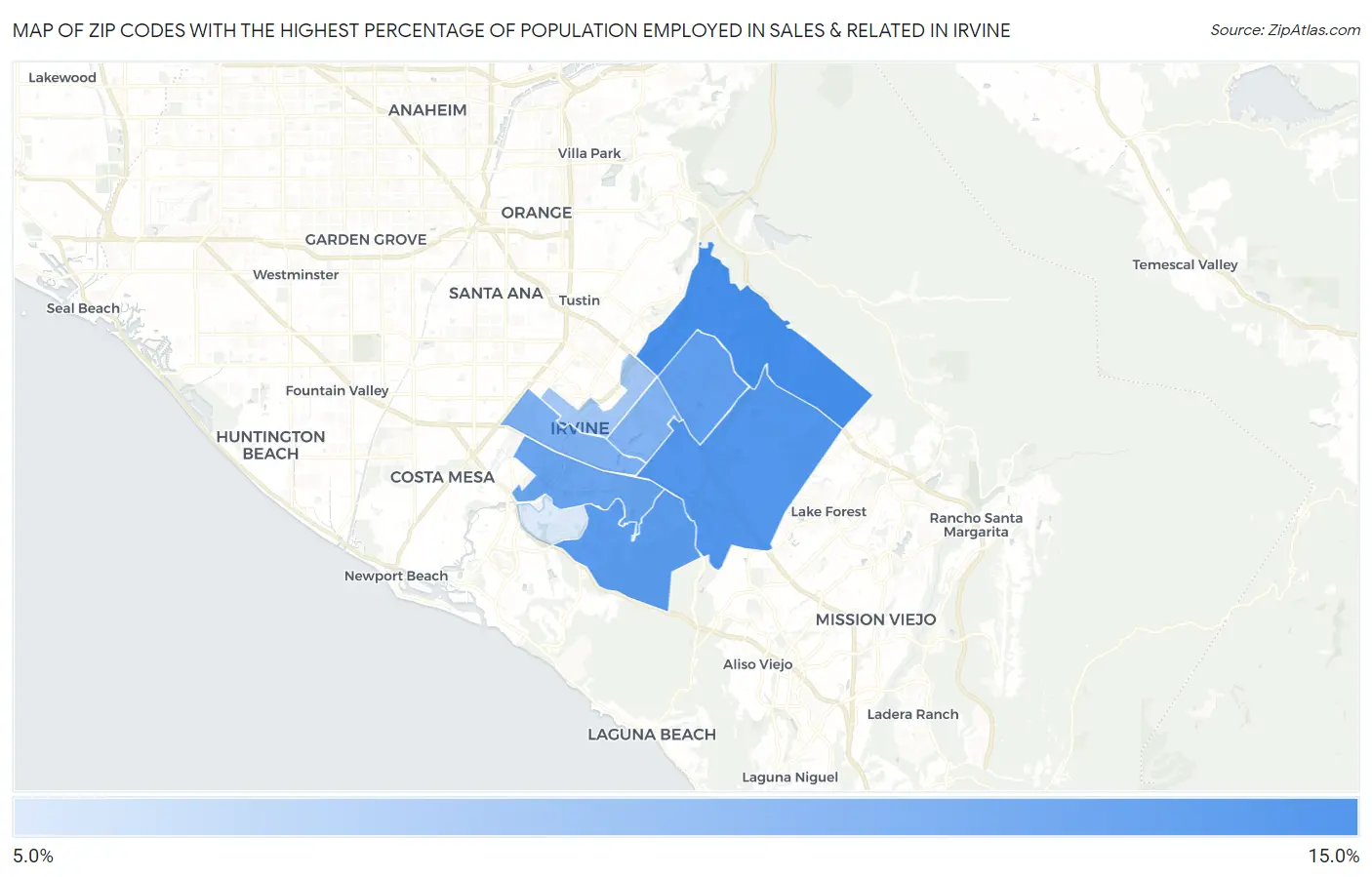 Zip Codes with the Highest Percentage of Population Employed in Sales & Related in Irvine Map