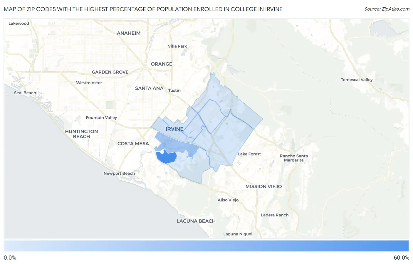 Zip Codes with the Highest Percentage of Population Enrolled in College in Irvine Map