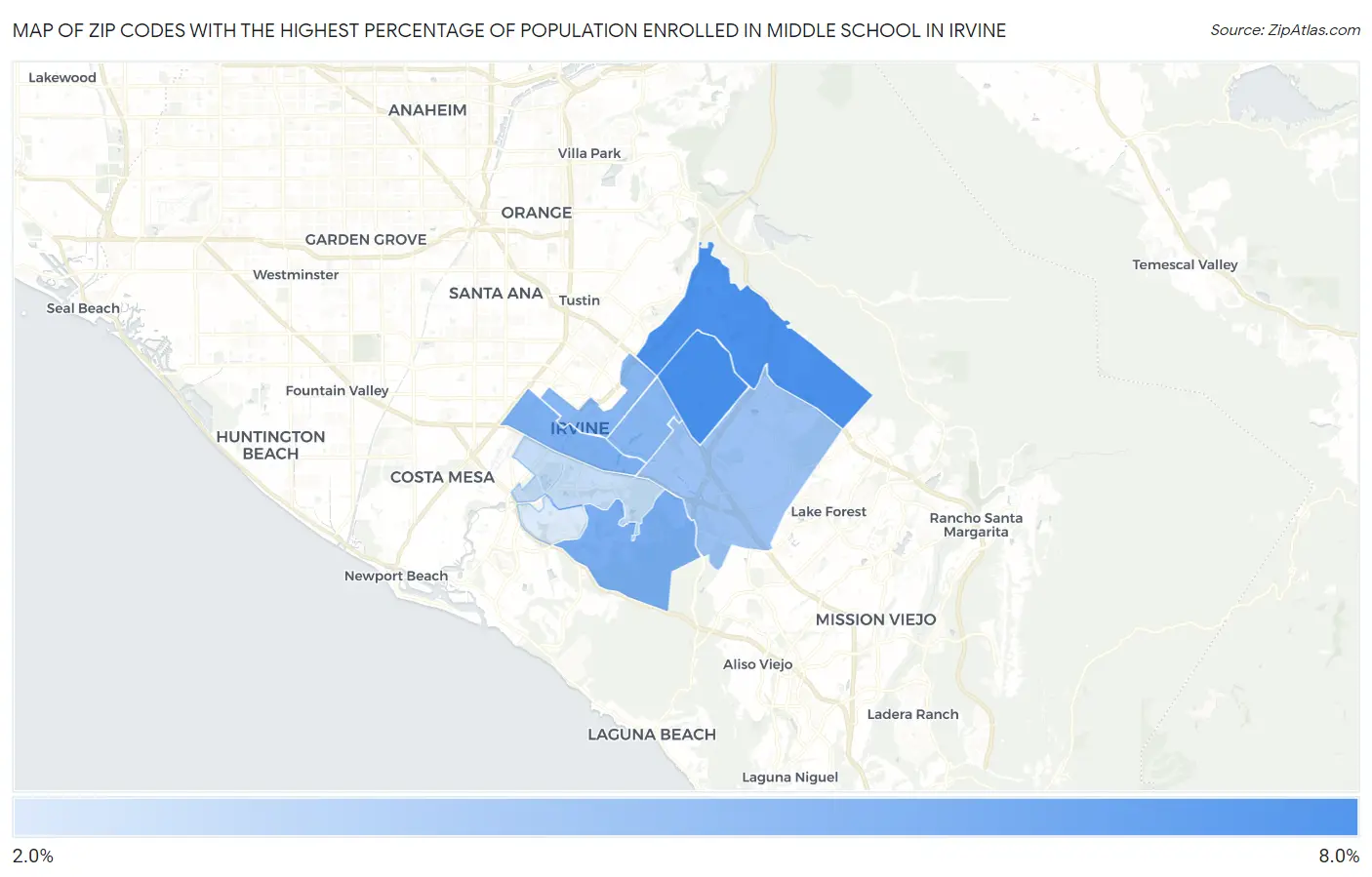 Zip Codes with the Highest Percentage of Population Enrolled in Middle School in Irvine Map