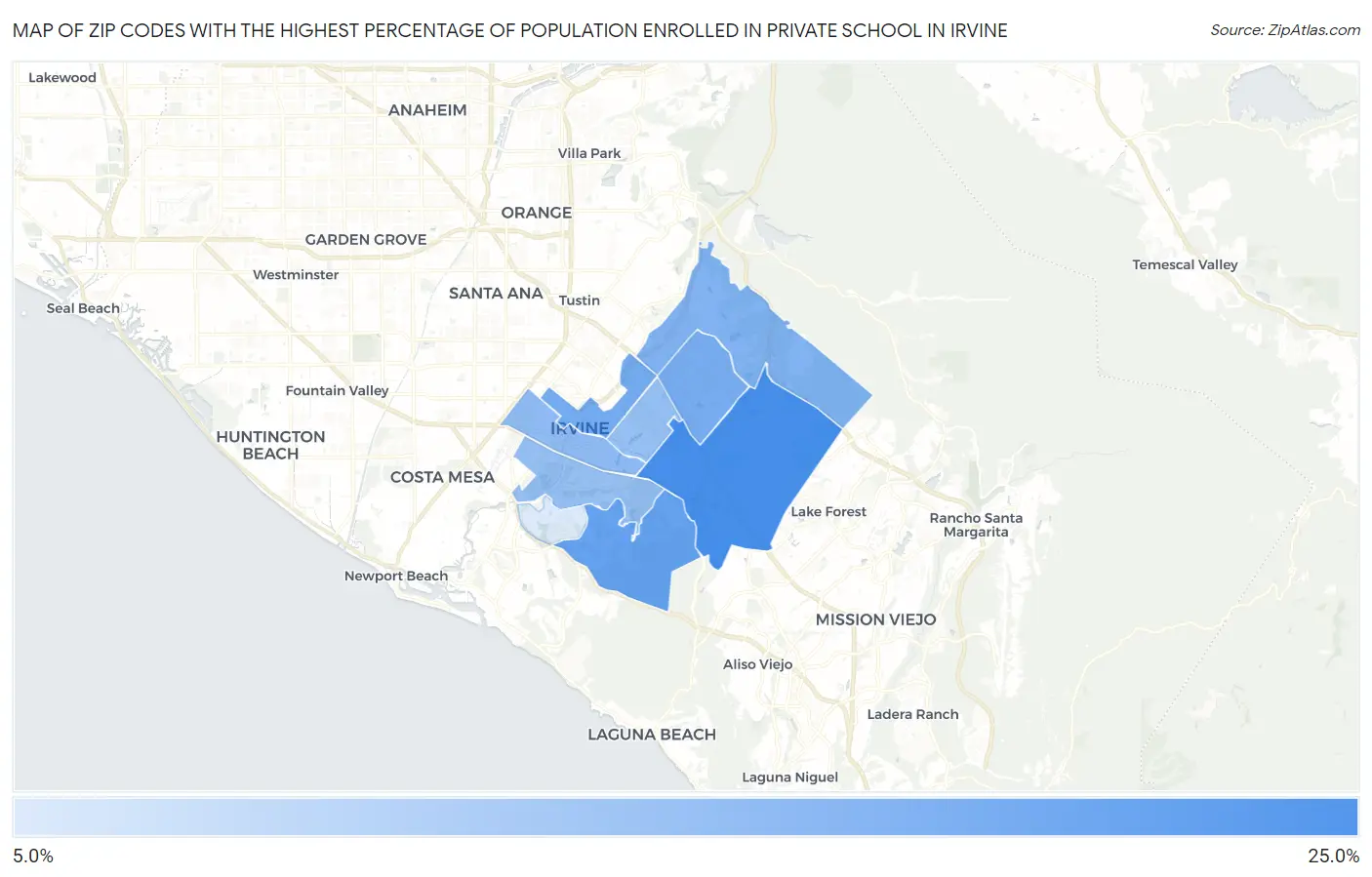 Zip Codes with the Highest Percentage of Population Enrolled in Private School in Irvine Map