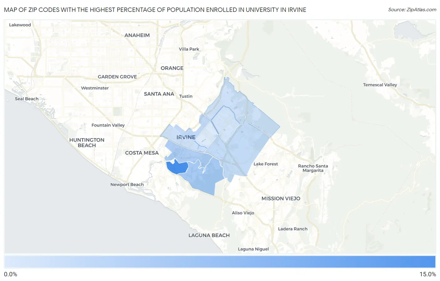 Zip Codes with the Highest Percentage of Population Enrolled in University in Irvine Map