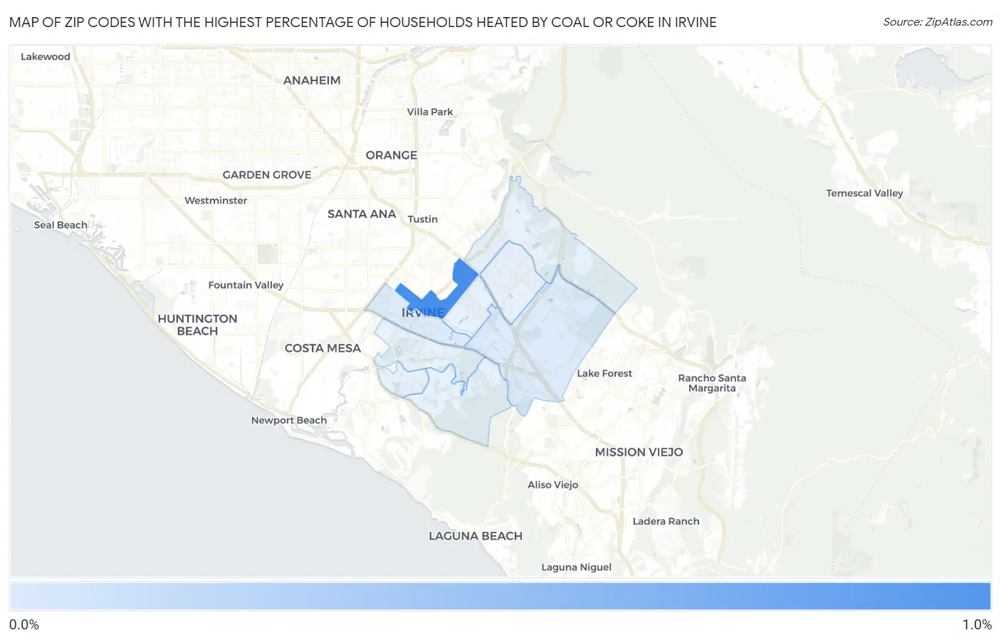 Zip Codes with the Highest Percentage of Households Heated by Coal or Coke in Irvine Map