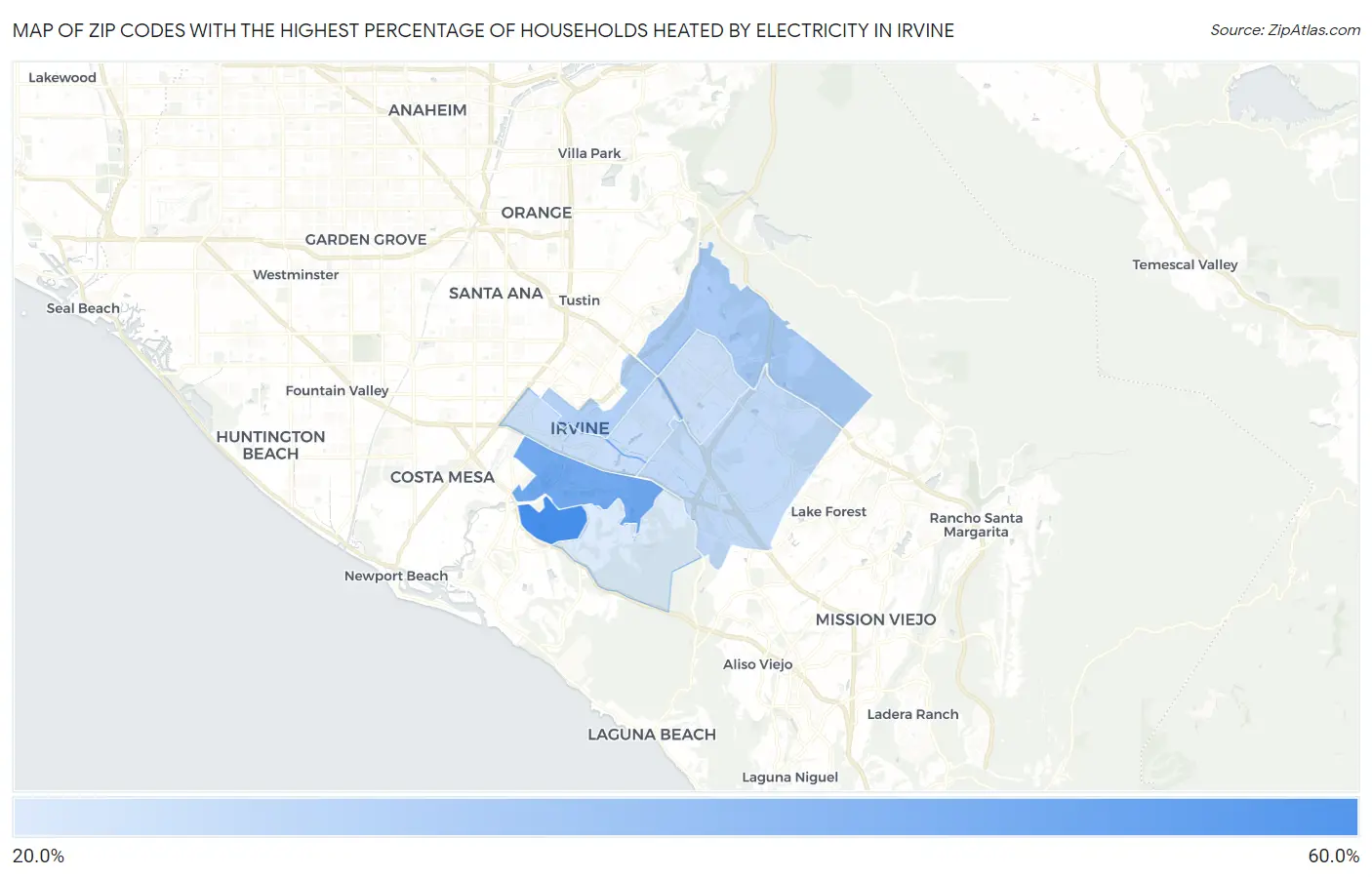 Zip Codes with the Highest Percentage of Households Heated by Electricity in Irvine Map
