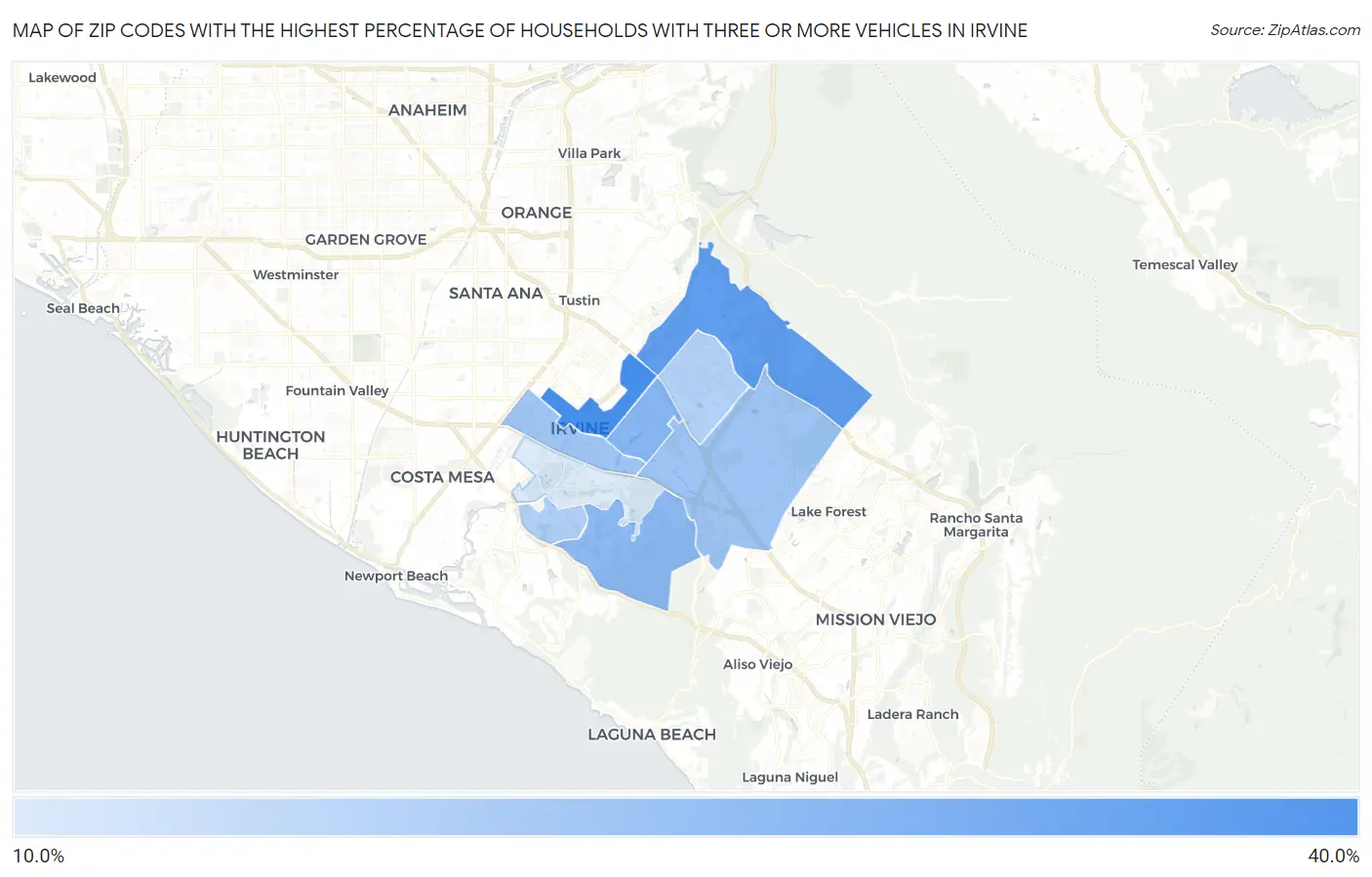 Zip Codes with the Highest Percentage of Households With Three or more Vehicles in Irvine Map