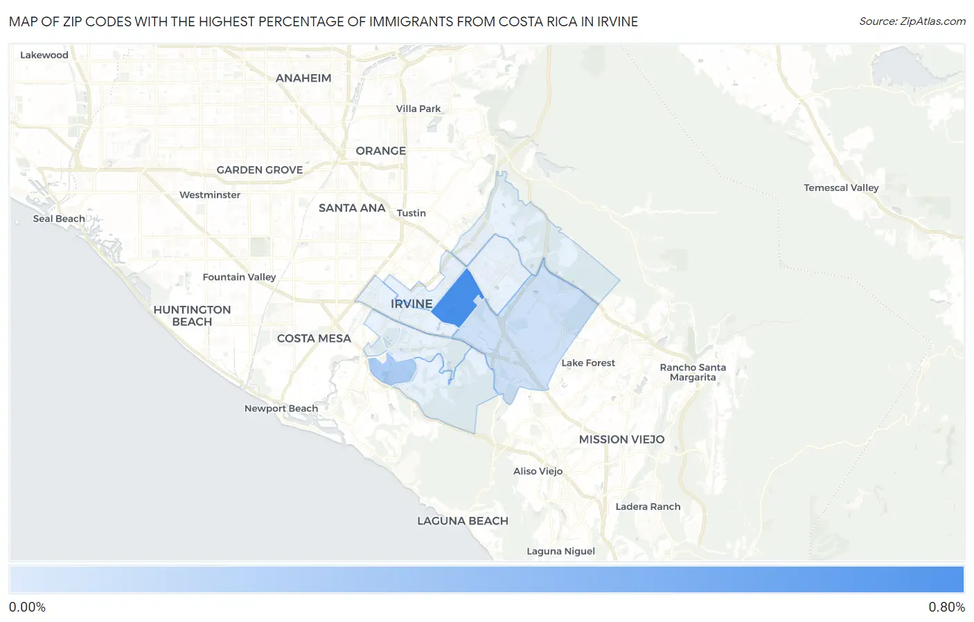 Zip Codes with the Highest Percentage of Immigrants from Costa Rica in Irvine Map