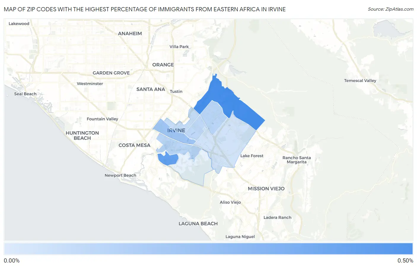 Zip Codes with the Highest Percentage of Immigrants from Eastern Africa in Irvine Map