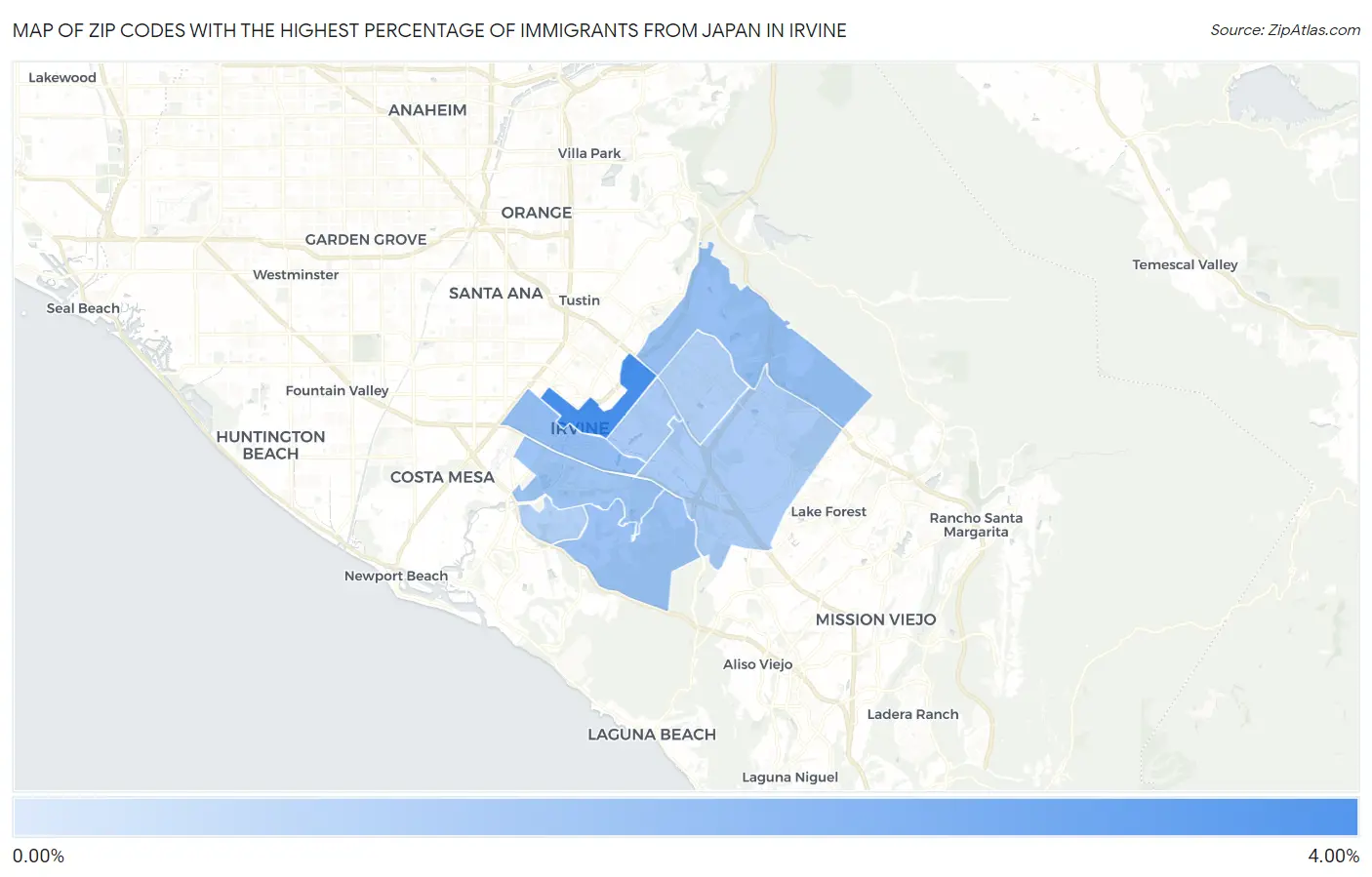 Zip Codes with the Highest Percentage of Immigrants from Japan in Irvine Map