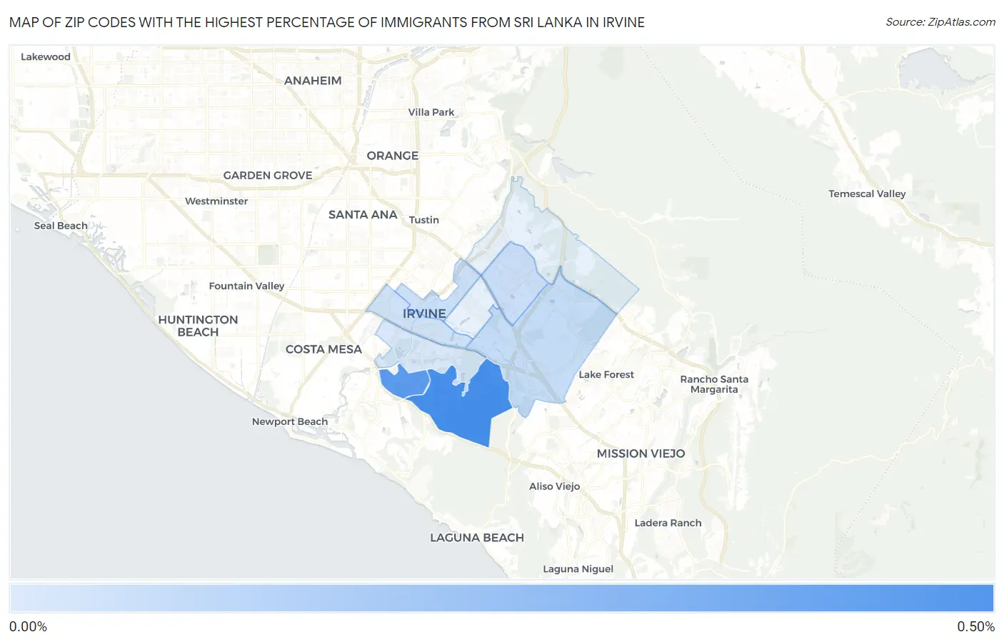Zip Codes with the Highest Percentage of Immigrants from Sri Lanka in Irvine Map
