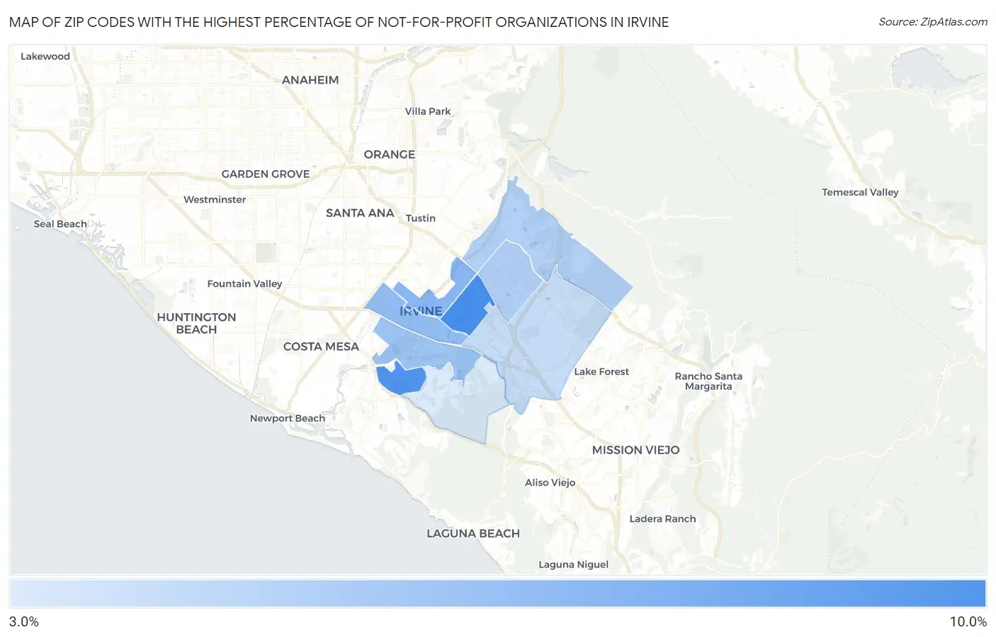 Zip Codes with the Highest Percentage of Not-for-profit Organizations in Irvine Map