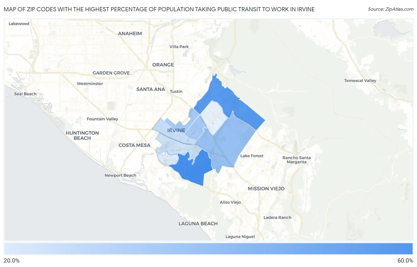 Zip Codes with the Highest Percentage of Population Taking Public Transit to Work in Irvine Map