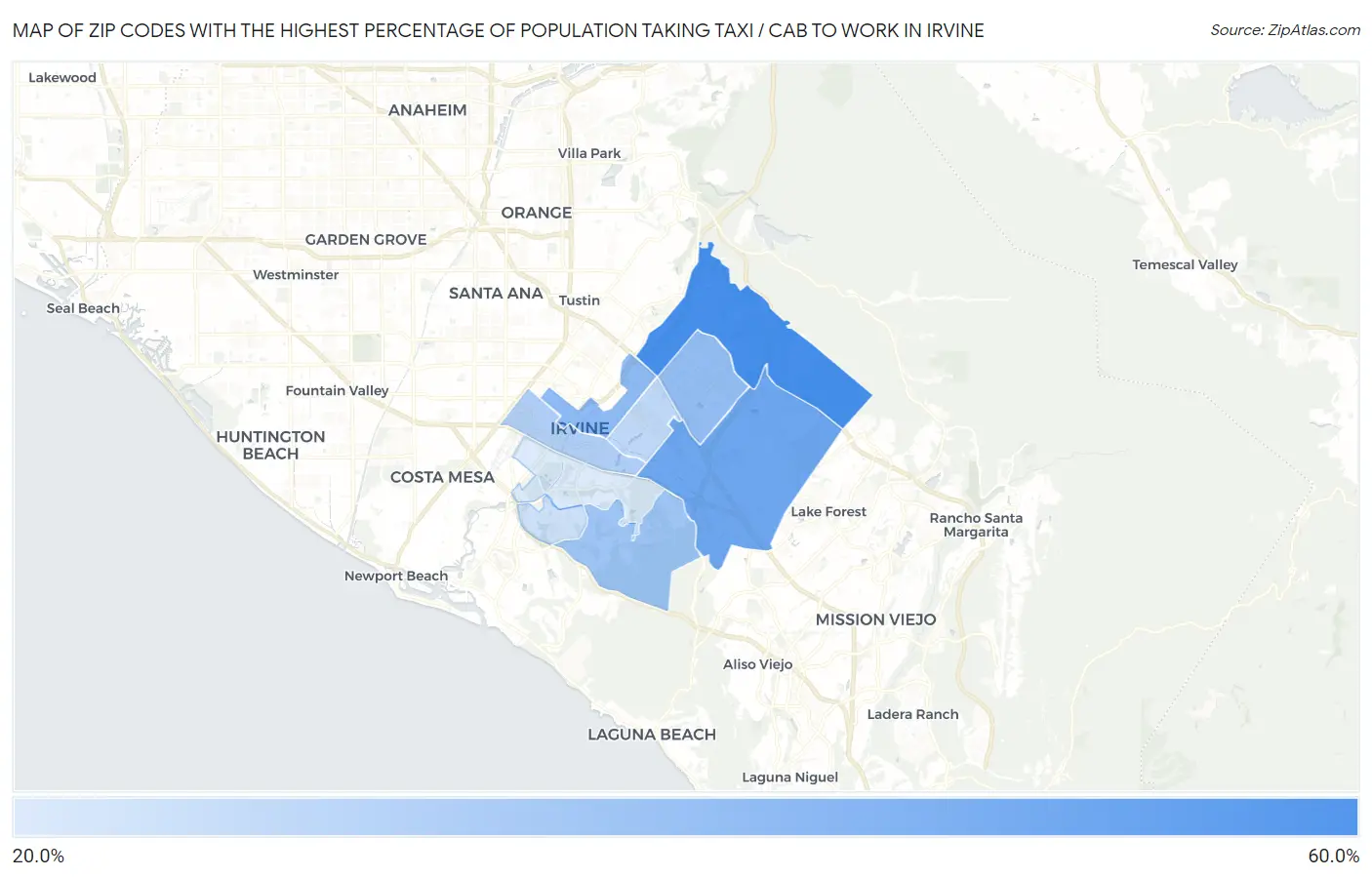Zip Codes with the Highest Percentage of Population Taking Taxi / Cab to Work in Irvine Map