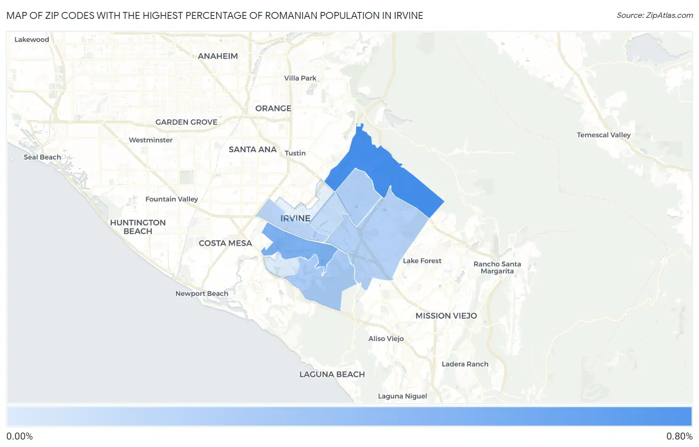 Zip Codes with the Highest Percentage of Romanian Population in Irvine Map