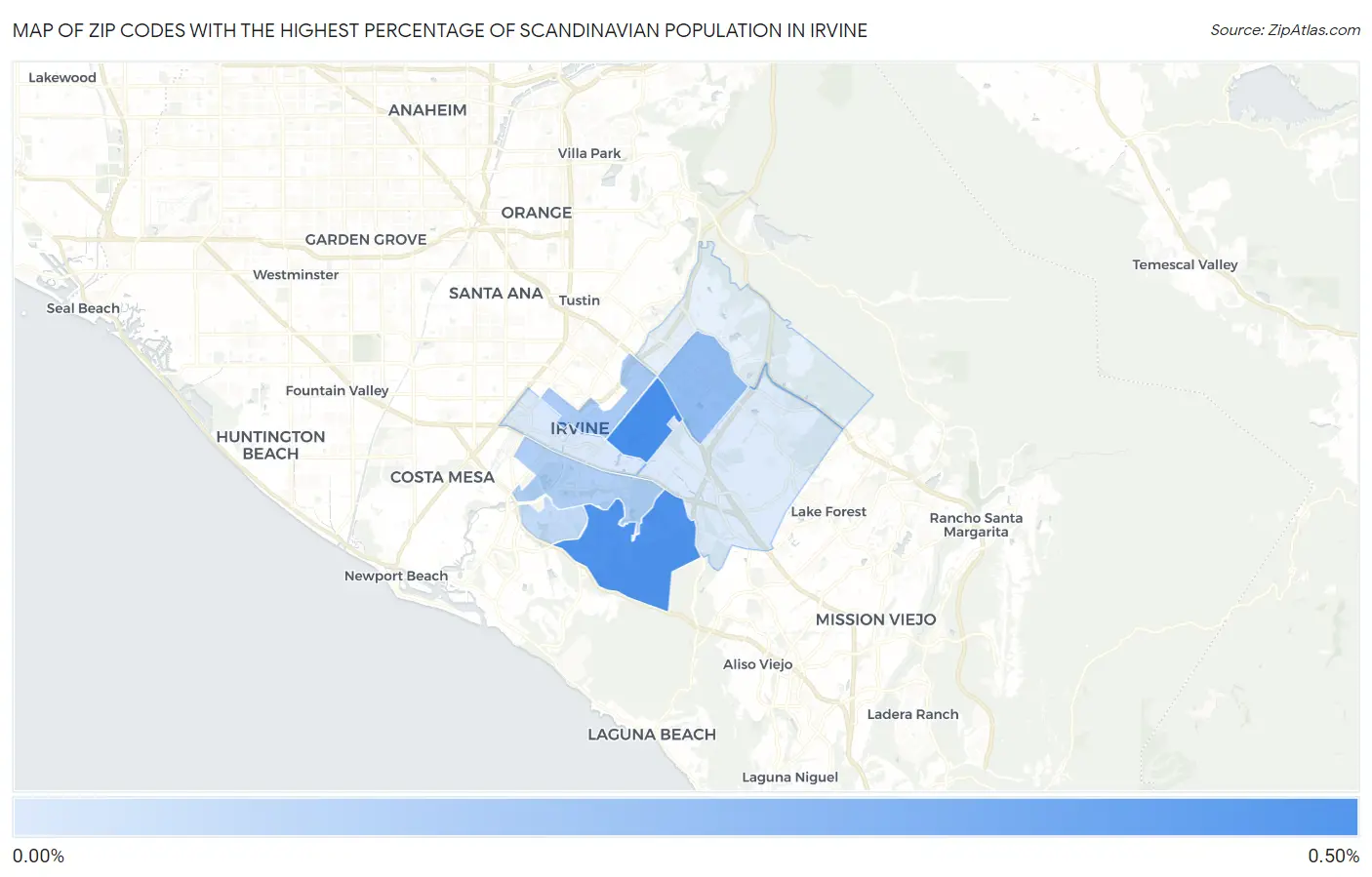 Zip Codes with the Highest Percentage of Scandinavian Population in Irvine Map