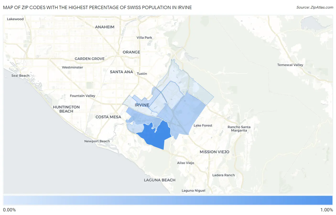 Zip Codes with the Highest Percentage of Swiss Population in Irvine Map